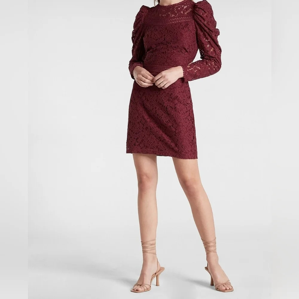 💕Express Lace Puff Sleeve‎ Side Cutout Sheath Dress in BLACK New